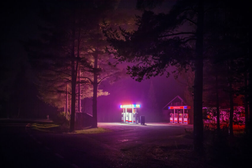 Maria Lax gas station amid trees photo
